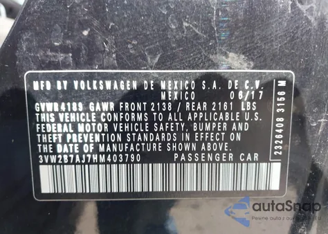 2017 Volkswagen Jetta 1.4T S из США, поврежденный, VIN 3VW2B7AJ7HM403790